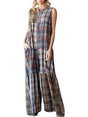 Chic Women's Sleeveless Plaid Jumpsuit | Wide Leg Overalls & Patchwork Romper